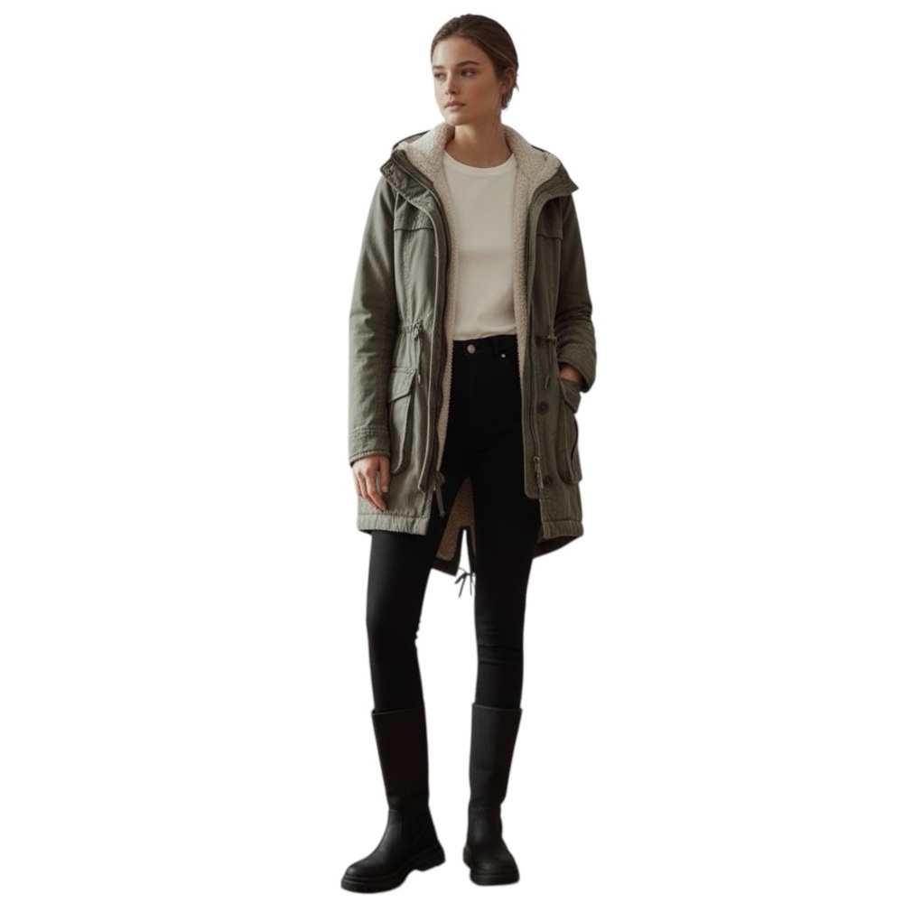 Abercrombie & Fitch Sherpa Lined Twill Parka Jacket in Olive Green Size S